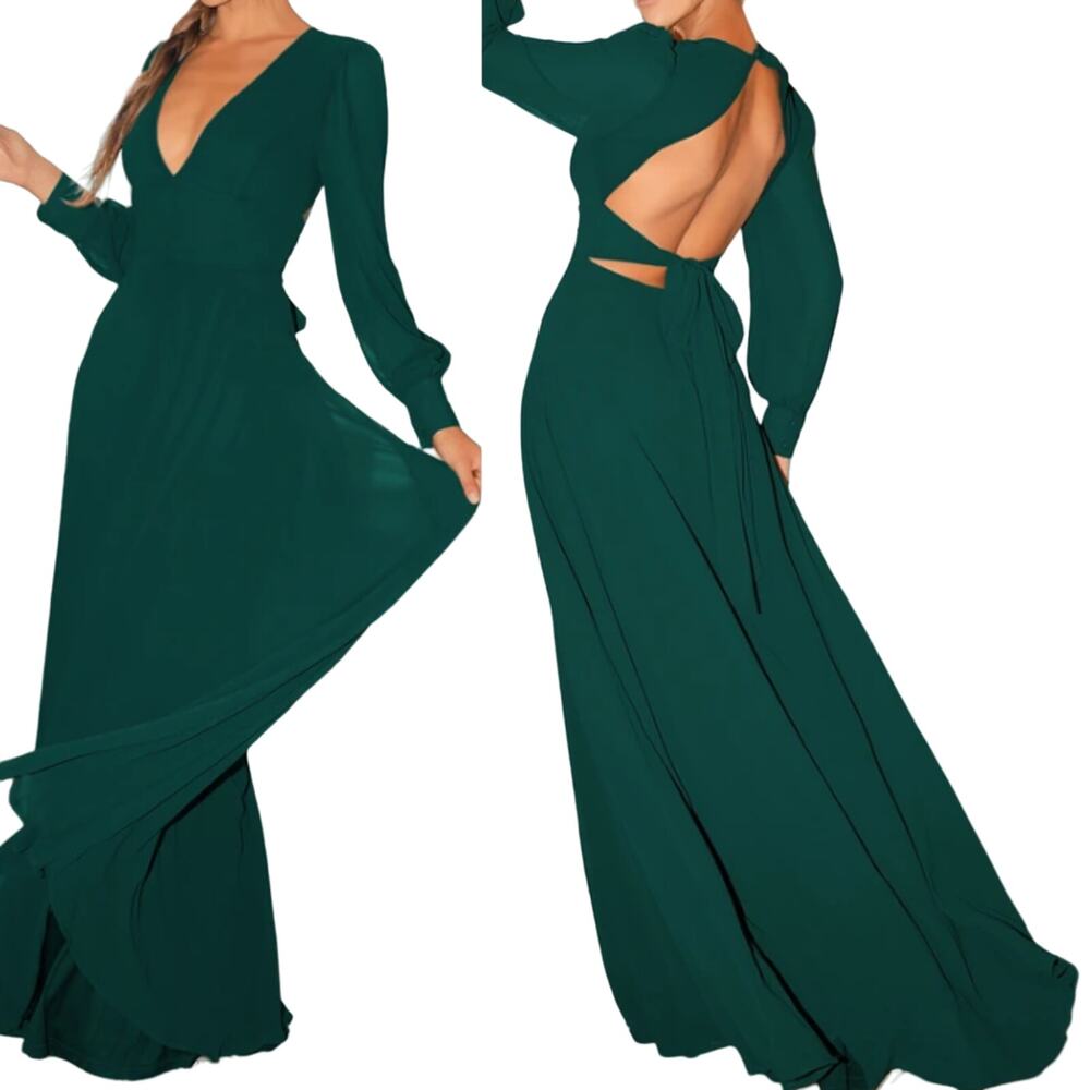 LULU'S M Talk About Divine Hunter Green Long Sleeve Backless Maxi Dress NEW 0B1